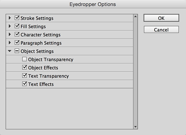 InDesign Eyedropper Options