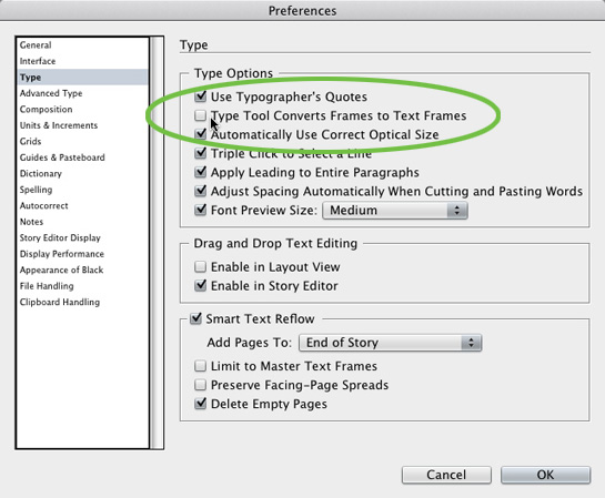 InDesign text frame preferences